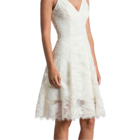 DRESS the POPULATION NWT Ivory Maya Lace Mesh Overlay Fit 'n Flare Dress, M - Picture 4 of 16